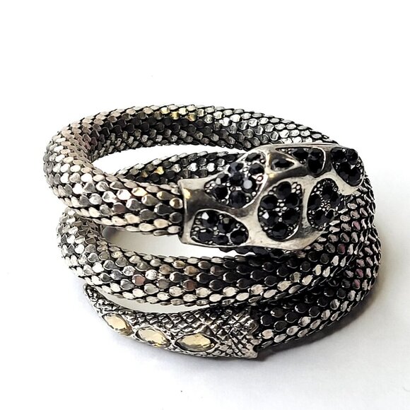 Black and Clear Rhinestone 3 Coil Serpent SIlver Snake Bracelet - Picture 2 of 10